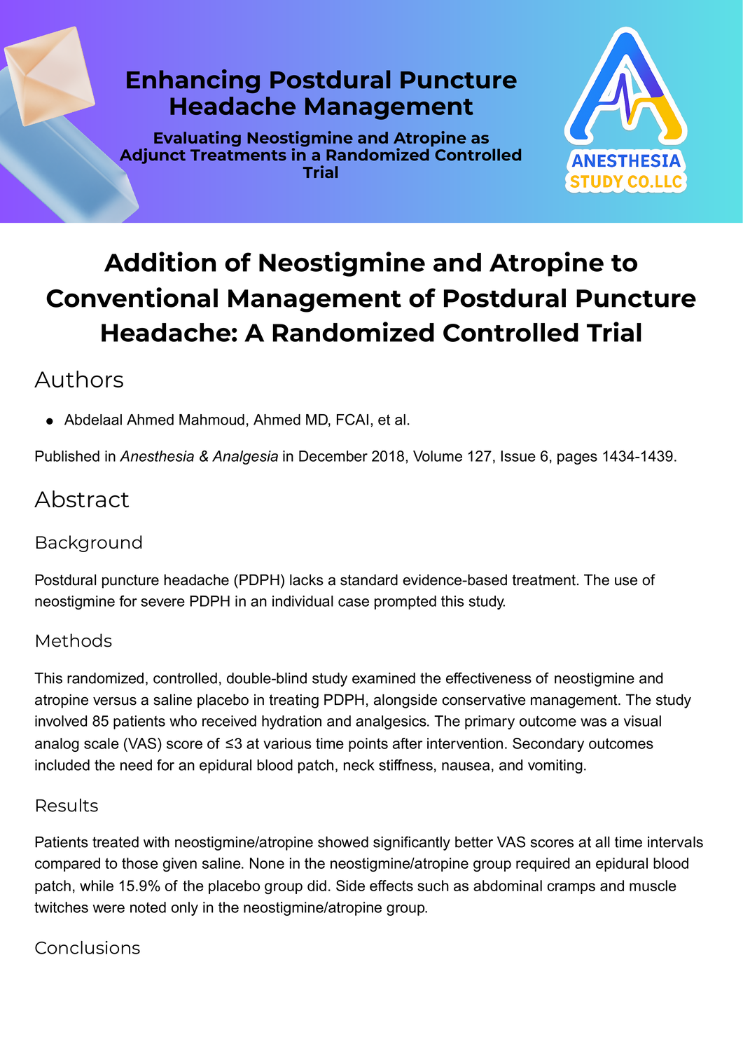 Addition of Neostigmine and Atropine to Conventional Management of Postdural Puncture Headache A Randomized Controlled Trial