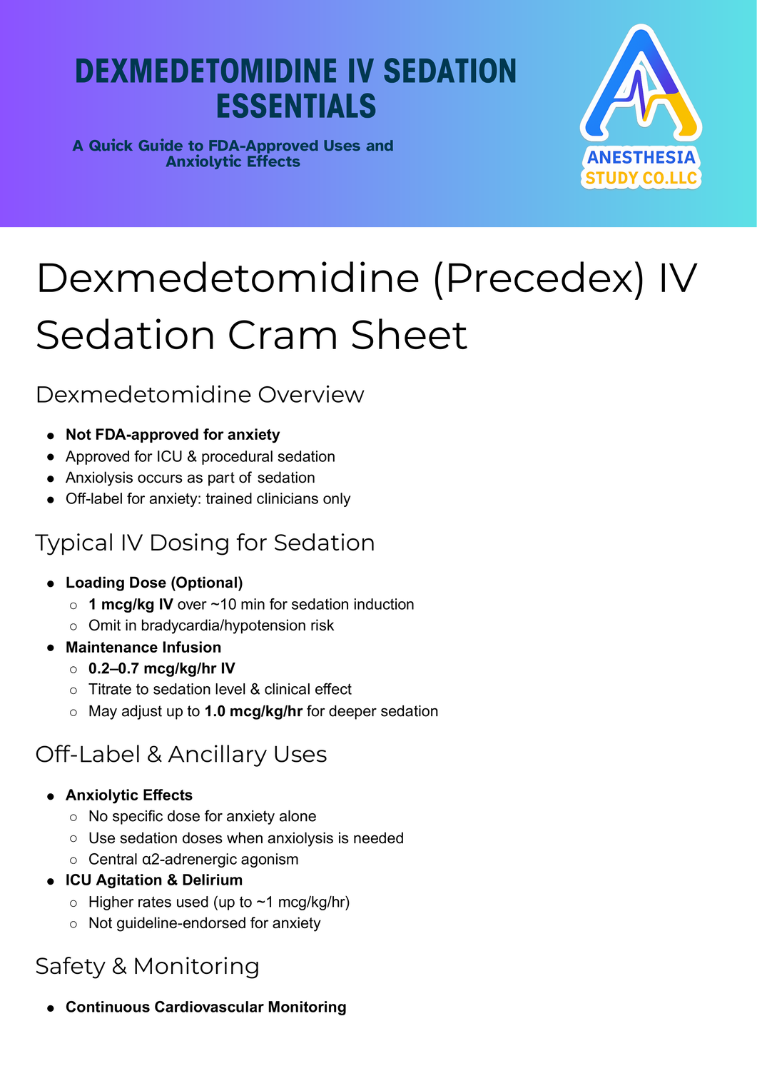 Dexmedetomidine (Precedex) IV Sedation Cram Sheet.