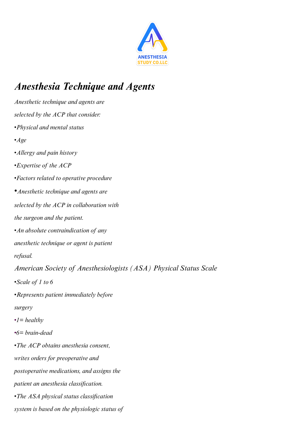 Anesthesia Technique and Agents