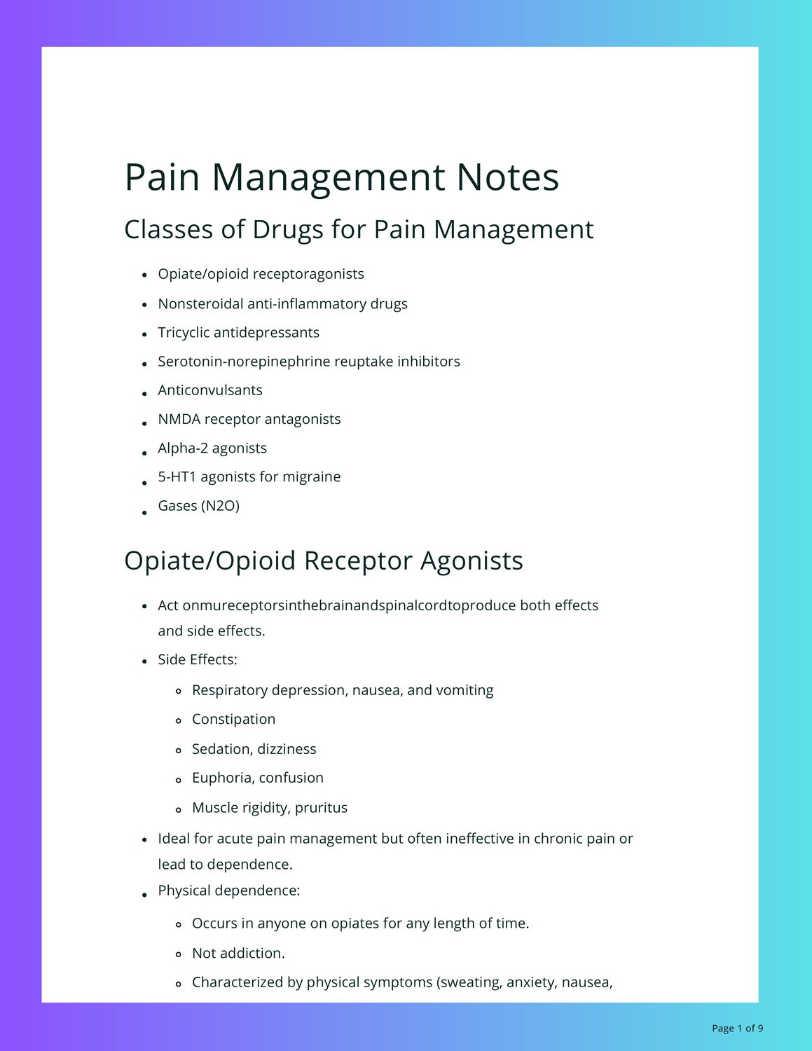 Pain Management Notes: Classes of Drugs